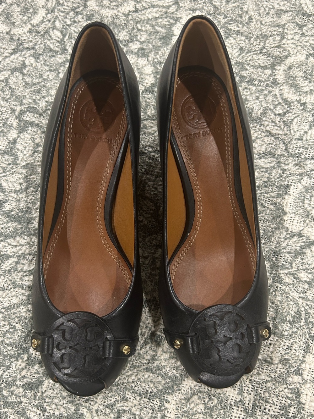 Tory Burch Black Leather Logo Peep-Toe Pumps